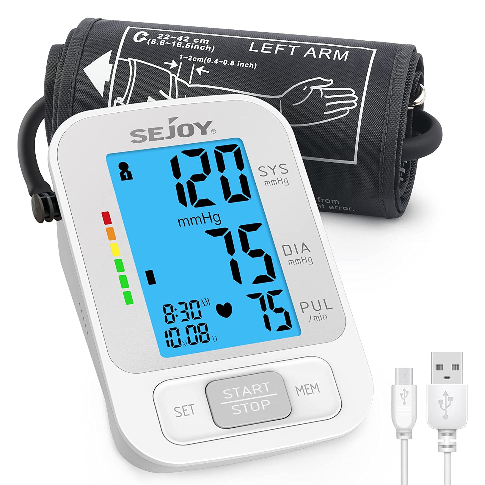Sejoy Monitor de presión arterial muñeca BP brazalete automático digital  medidor de presión arterial gran pantalla retroiluminada batería incluida