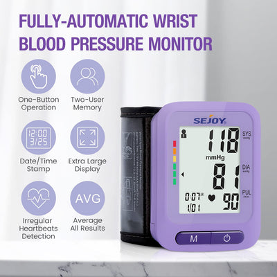 Sejoy Automatic Digital Blood Pressure Monitor, Adjustable Wrist Cuff,  Heartbeat Detector, Large Display, BP Machine for Home Use 